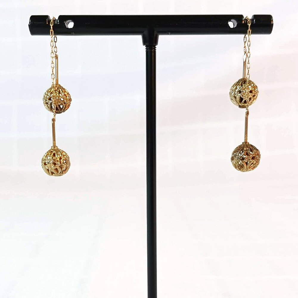 Vintage Gold Tone Filigree Ball Drop Earrings Pull Through Micro Chain